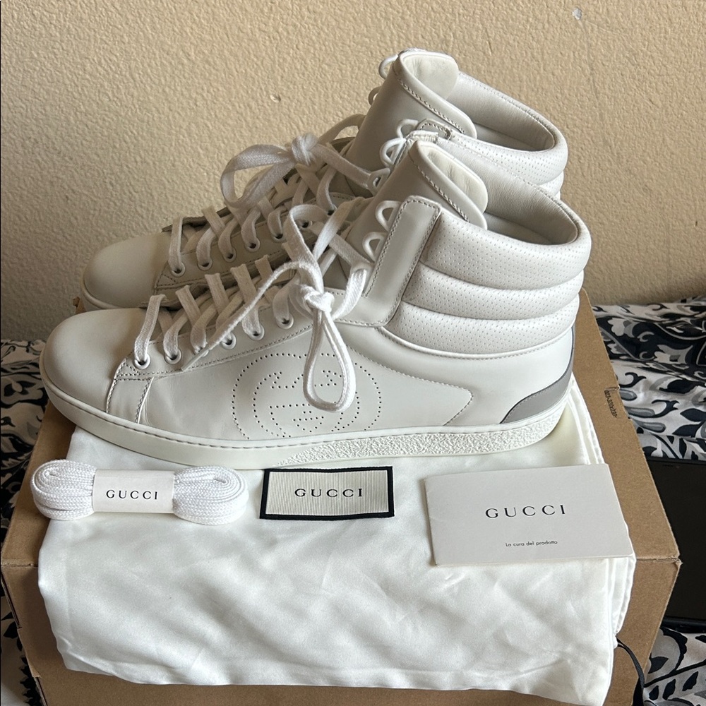 Men Gucci Ace GG White Leather High-Top Sneakers